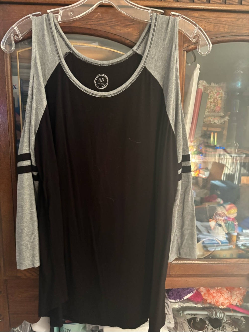 Maurices Black and Gray Cold-Shoulder Tunic with Stripe Detail